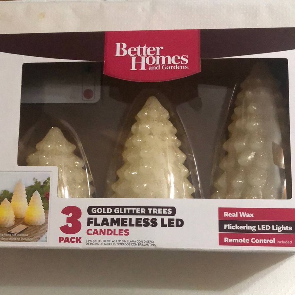 Better Homes and Gardens 3pack gold glitter trees flameless LED candles new
